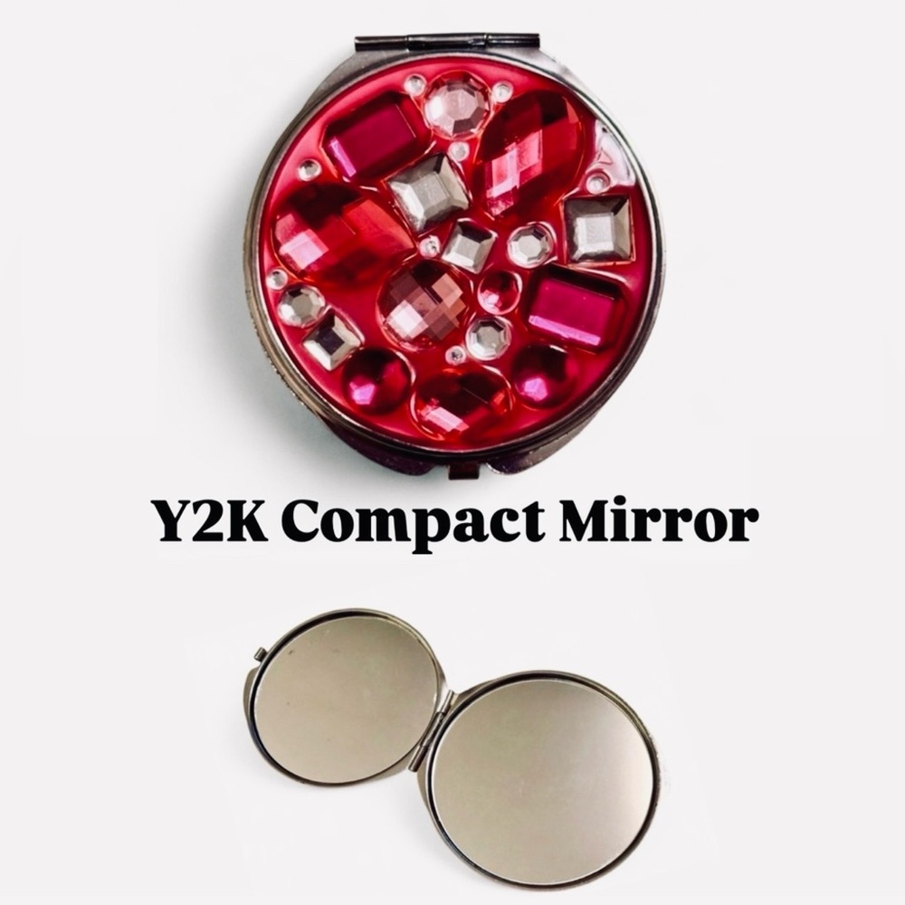 Early Y2K Vintage Pink Jewel Covered Compact Travel Mirror Girly 2000s